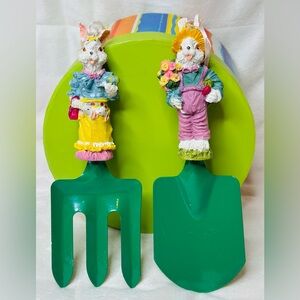 Adorable Ceramic Gardening Mr. & Mrs. Easter Bunny Shovel And Fork Set